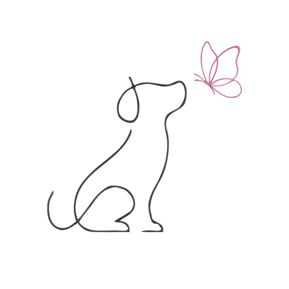 Linear Dog And Butterfly Machine Embroidery Design, Puppy Outline Embroidery File
