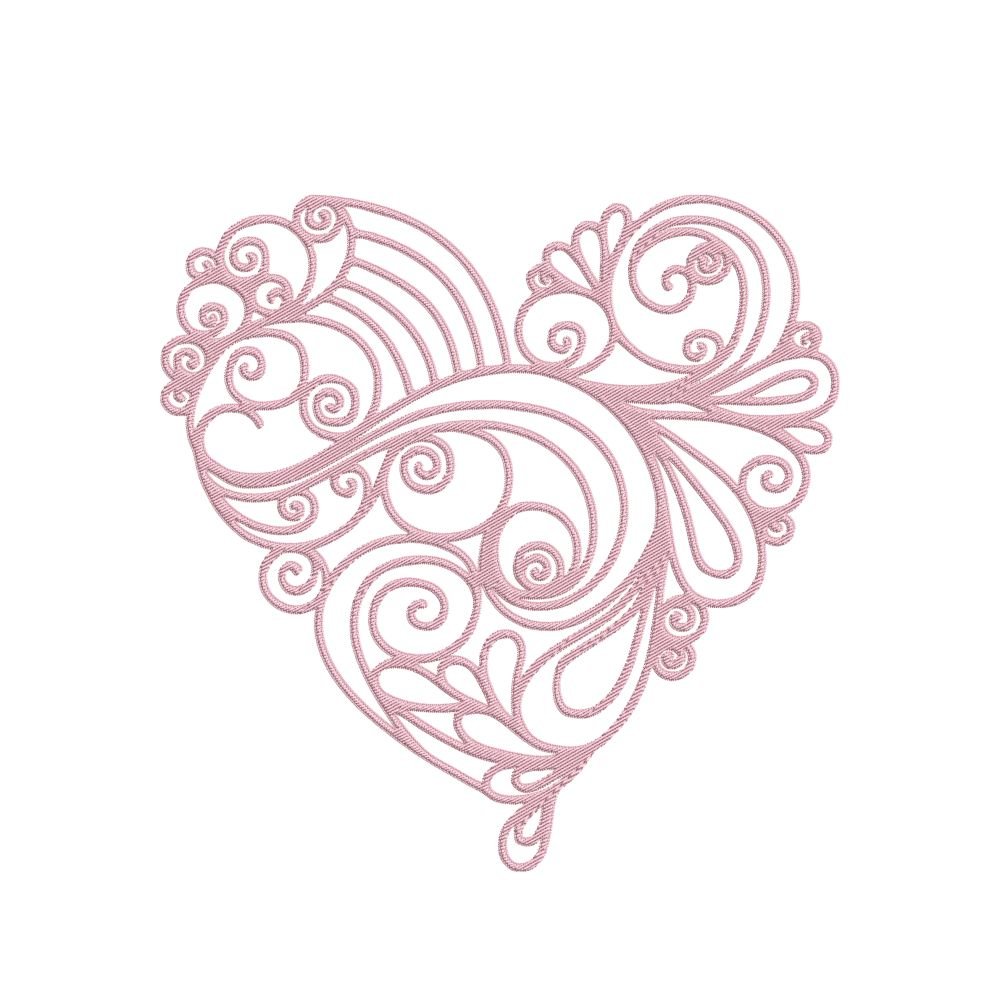Ornamental Pink Heart Machine Embroidery Design, Love Embroidery File